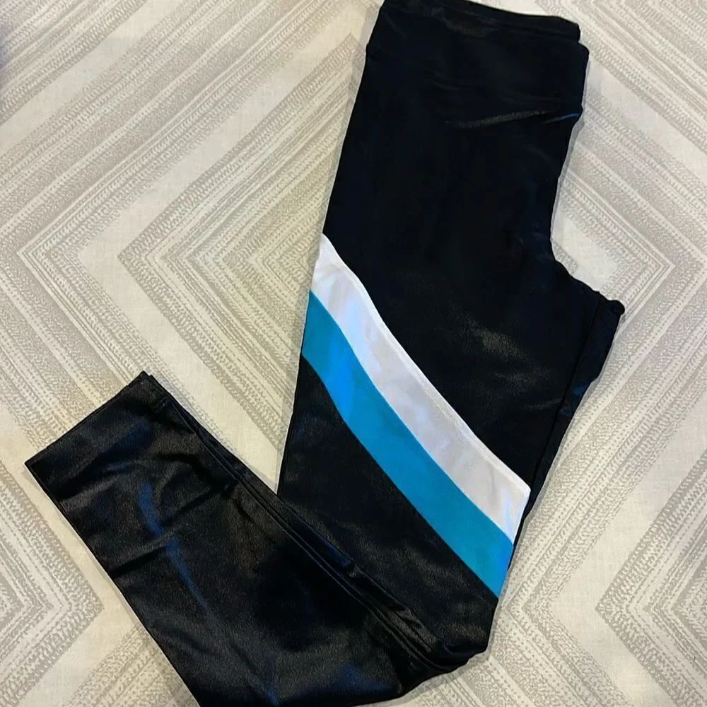 Koral Black Shiny Full Length Leggings Turquoise & White Angled Stripes Size L